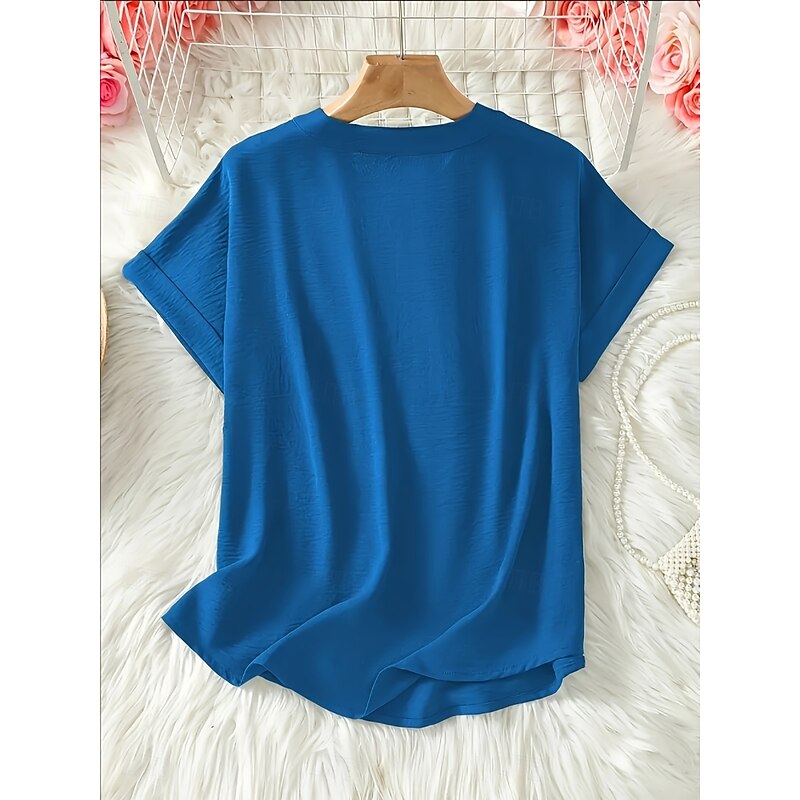 Women's Blouse Solid Color Stylish Casual Short Sleeve V Neck Regular Tops Daily Black Army Green Blue Summer3
