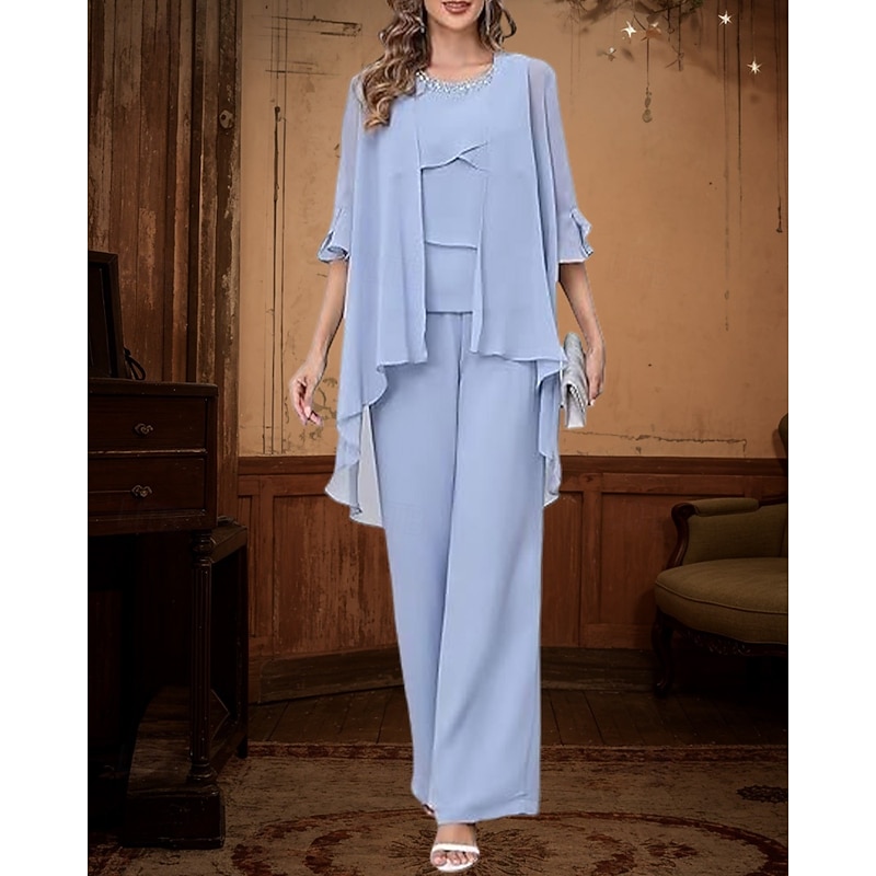 Pantsuit 3 Piece Mother of the Bride Dress Elegant Simple Minimalist Crew Neck Floor Length Ankle Length Chiffon Half Sleeve with Crystals Cascading Ruffles