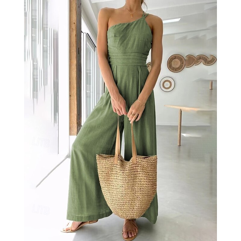 Women's Normal Jumpsuit Streetwear Solid Color Sleeveless One Shoulder Backless Street Daily Regular Fit Light Green Blue Green Summer4