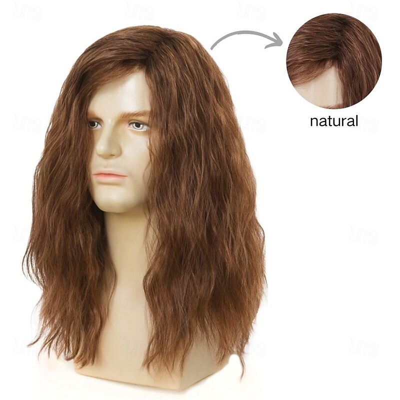 Mens Long Brown Curly Wig 70s 80s Side Part Synthetic Wigs Fluffy Daily Cosplay Custome Hair Wig Halloween Wigs2