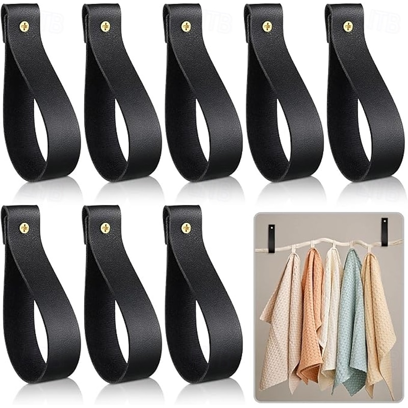 8 Pcs Artificial Leather Wall Hooks 1 x 4.7 Inches Hanging Strap Wall Mounted Loop for Hanging Leather Strap Hangers for Bathroom Kitchen Bedroom Towel Holder Supplies