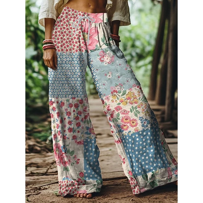 Women's Wide Leg Chinos Baggy Pants Vacation Vintage Fashion Full Length High Waist Floral Graphic Paisley Printing Soft Breathable Micro-elastic Formal Vacation Street Black Pink Blue Summer Spring2