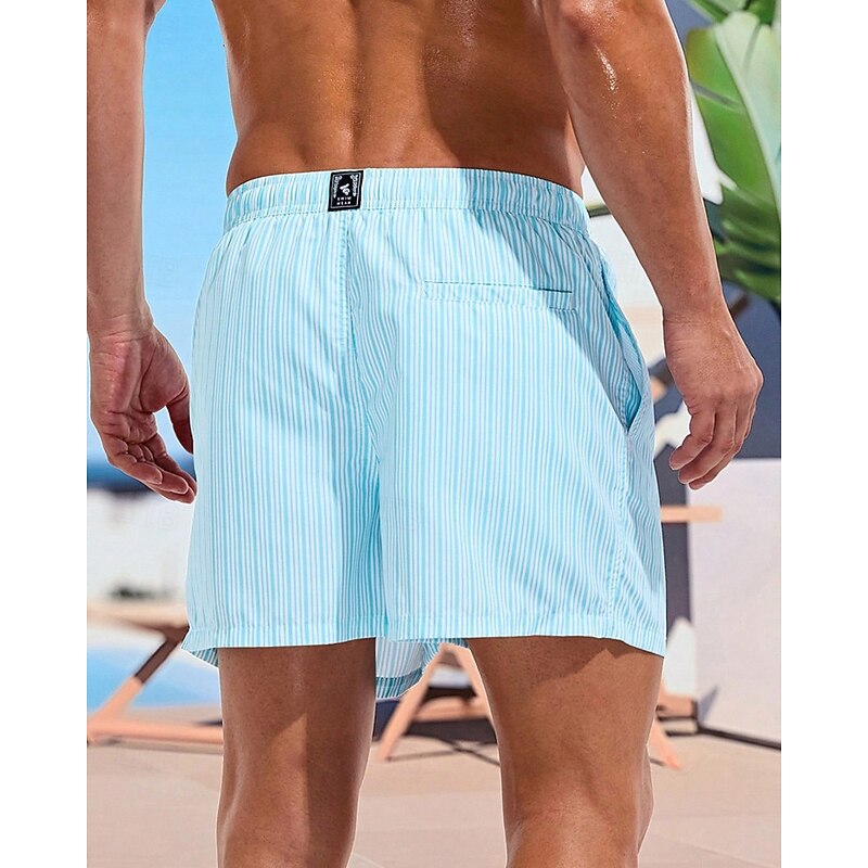 Men's Swim Shorts Board Shorts Swim Trunks Stripes Quick dry Breathable Drawstring Elastic Waist Vacation Beach Hawaiian Casual Light Blue3