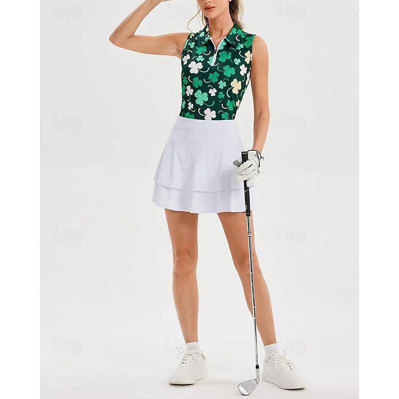 Women's Clover Tennis Shirt Sleeveless Print UPF50+ Quick Dry Tennis Golf Badminton Zip Collar Tee Tshirt Top Green Tennis Clothing4