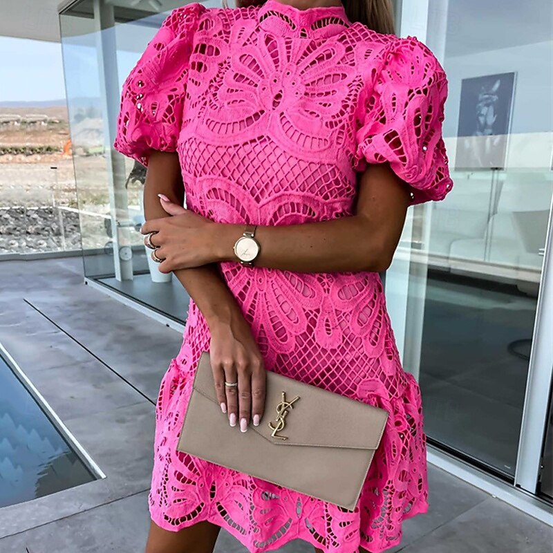 Women's Mini Dress Cotton Linen Dresses Casual Dress Fashion Outdoor Party Holiday Regular Fit Plain Short Sleeve Turtleneck White Purple Rose Red Summer2