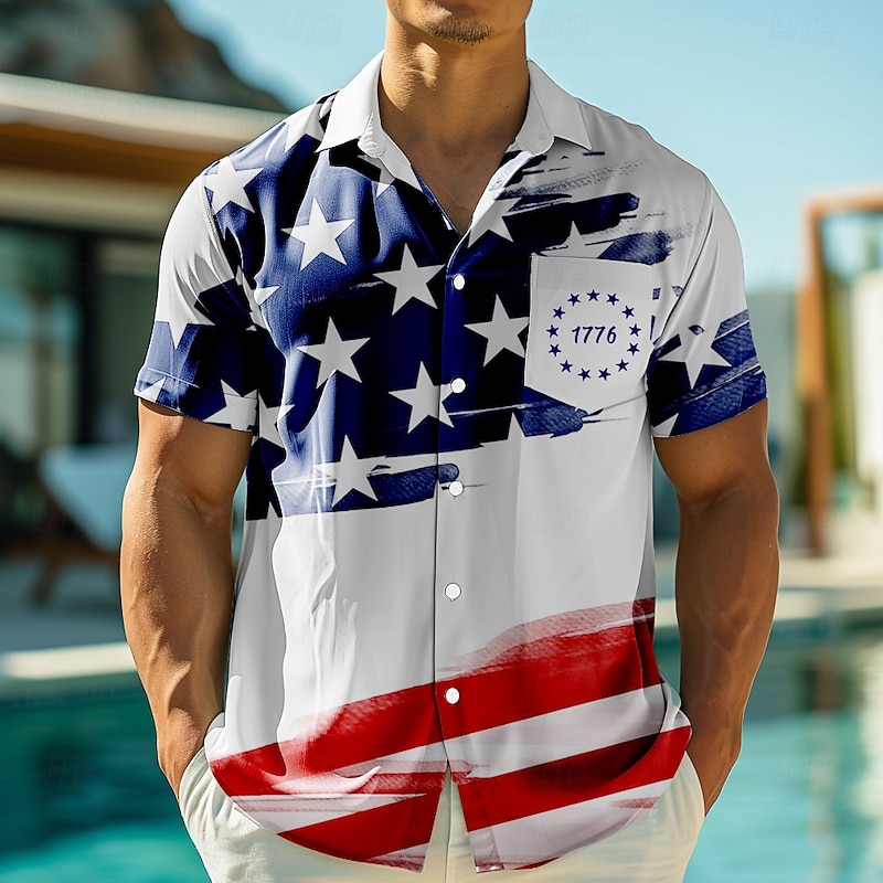 Independence Day Men's American US Flag Patriotic 1776 Shirt Summer Shirt Button Up Shirt Short Sleeve Fashion Casual Holiday Summer Spring Turndown 3D Print Collared Shirts Front One Pocket White