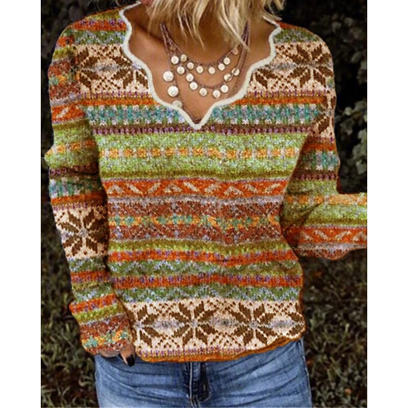 Women's Blouse Flower Modern Boho Long Sleeve V Neck Regular Tops Holiday Going out Print Blue Purple Orange Summer4