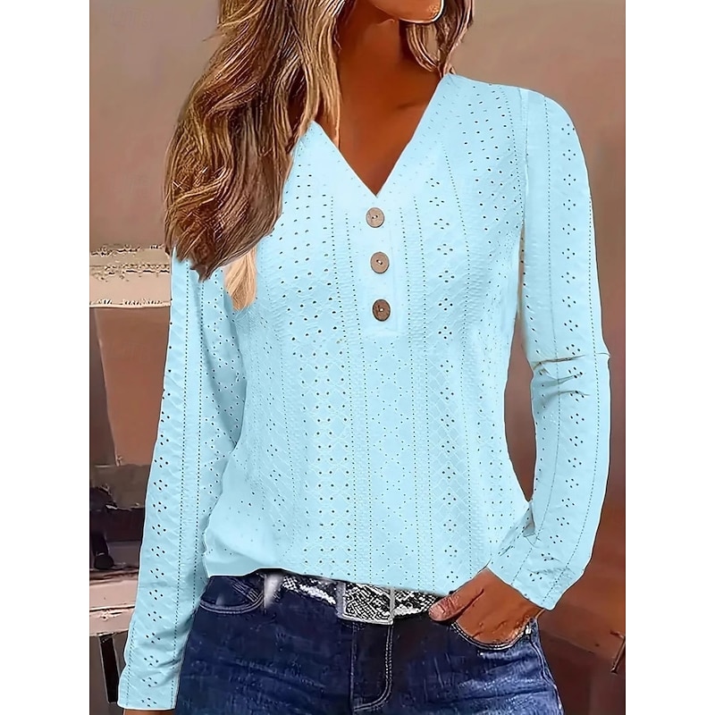 Women's Blouse Solid Color Vintage Tropical Stylish Long Sleeve V Neck Regular Tops Daily Buttons Eyelet White Yellow Pink Blue  Prefall