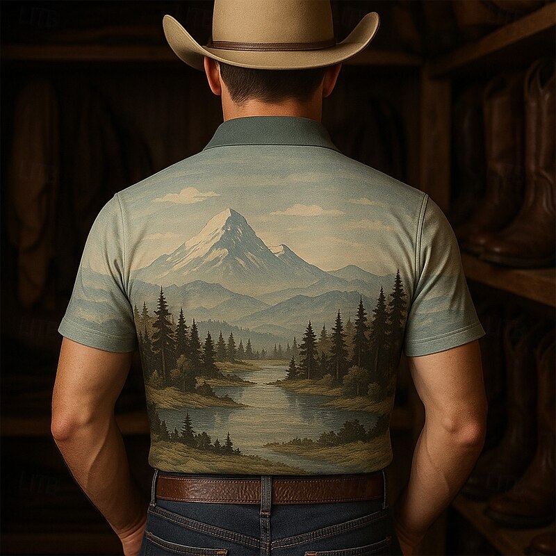 Men's Tree Mountain Polo Short Sleeve Polo Shirts Collared Shirts Casual Western Style Outdoor Athleisure 3D Print Summer Blue2