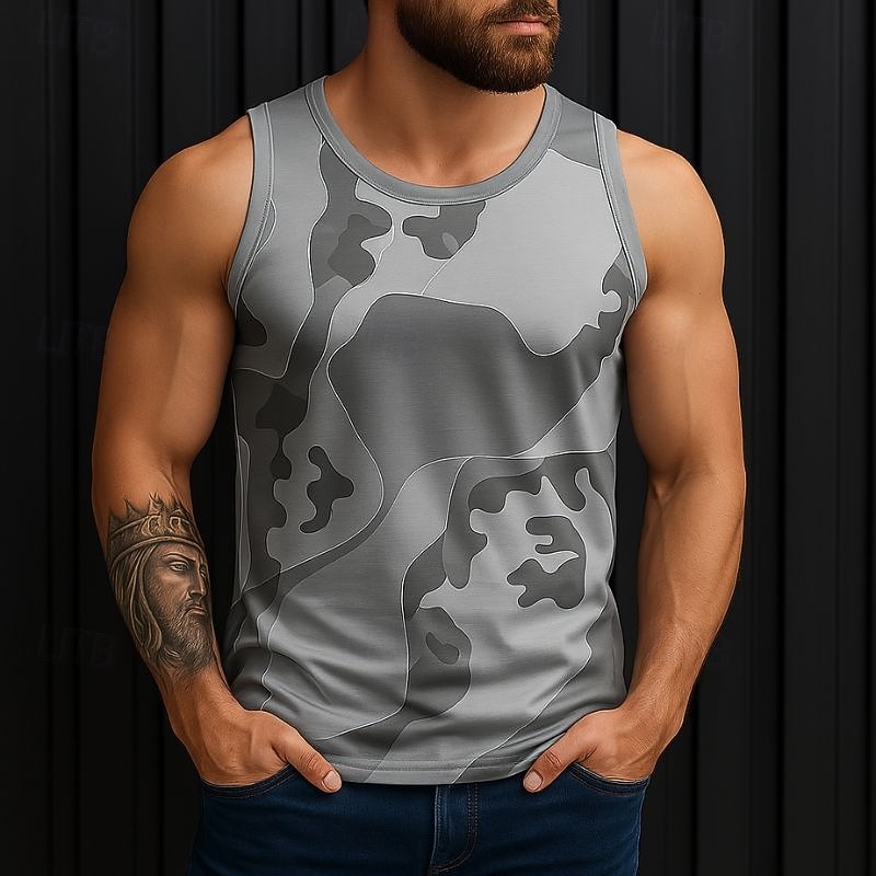 Men's Vest Top Undershirt Sleeveless Shirt Sleeveless Crewneck Spring & Summer Pattern Camo / Camouflage Fashion Designer Vacation Street Going out Yellow Army Green Gray Top Tee for Men