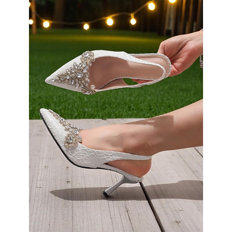 Women's White Lace Slingback Kitten Heels with Rhinestone Embellishments - Vintage-Inspired Cocktail Party Shoes for Bridesmaids, Garden Receptions and Outdoor Celebrations2