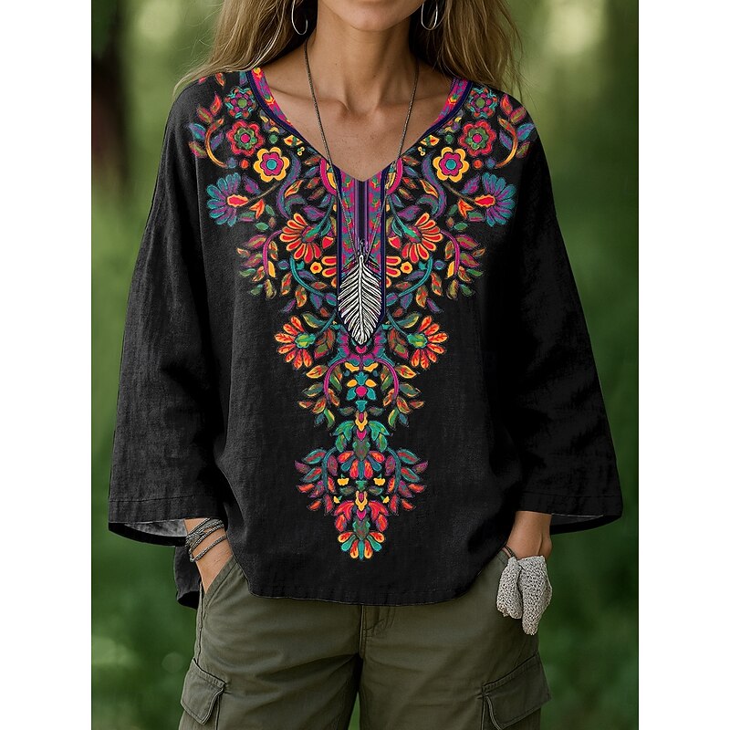 Women's Blouse Floral Graphic Geometric Bohemia Vintage Hawaiian Long Sleeve V Neck Regular Tops Ruched Print Black White Green Summer Spring