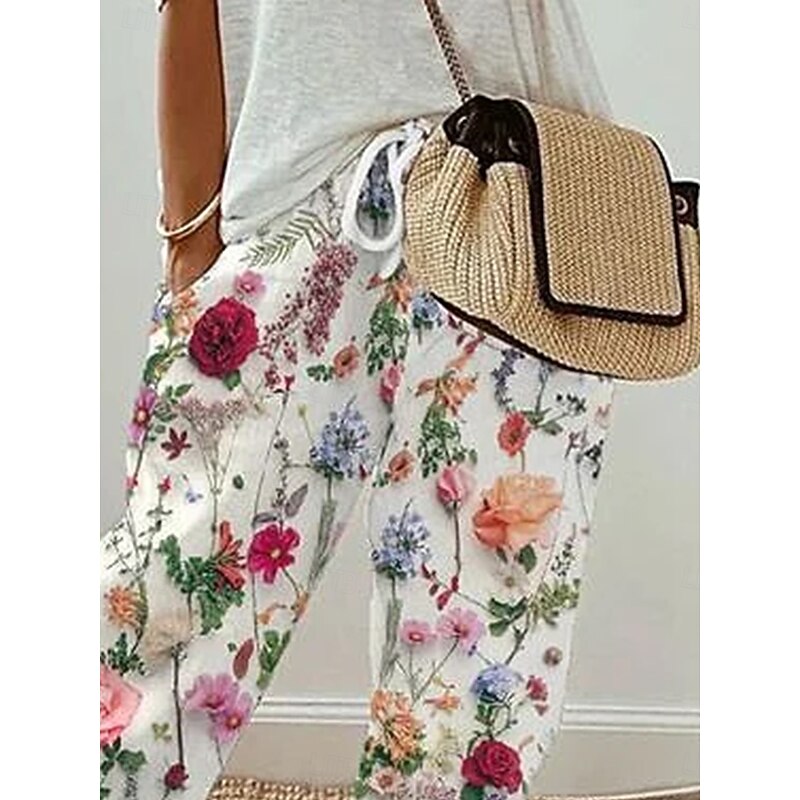 Women's Culottes Wide Leg Elegant Vacation Vintage Full Length High Waist Floral Graphic Printing Soft Breathable Micro-elastic Outdoor Daily Daily Wear rice white Summer Spring Regular Fit2