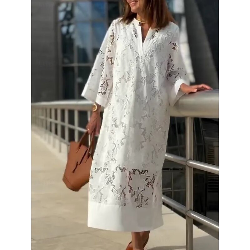 Women's Maxi Dress Shift Dress Summer Dress Casual Daily Regular Fit Plain 3/4 Length Sleeve Notched Neck White Summer4