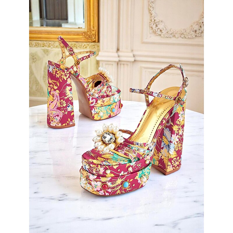 Women's Floral Platform High Heels – 1920s Colorful Baroque-Style Sandals with Pearl Embellishments for Parties, Stage Shows, and Glamorous Occasions3