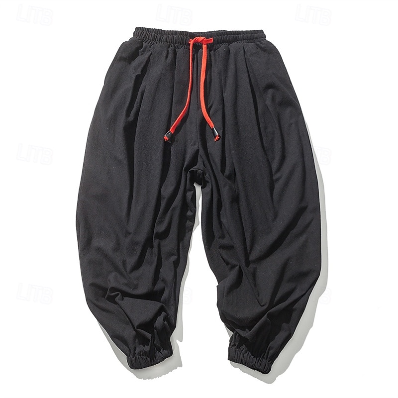 Men's Joggers Linen Pants Trousers Summer Pants Beach Pants Drawstring Elastic Waist Drop Crotch Plain Daily Gym Streetwear Casual Hip-Hop Loose Fit Black White3