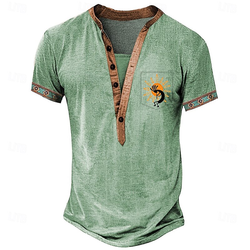 Men's Tribal Ethnic T Shirt Henley Shirt Tee Short Sleeve Designer Basic Ethnic Outdoor Casual Daily Summer Light Green Light Blue Khaki Henley Henley T-Shirt4