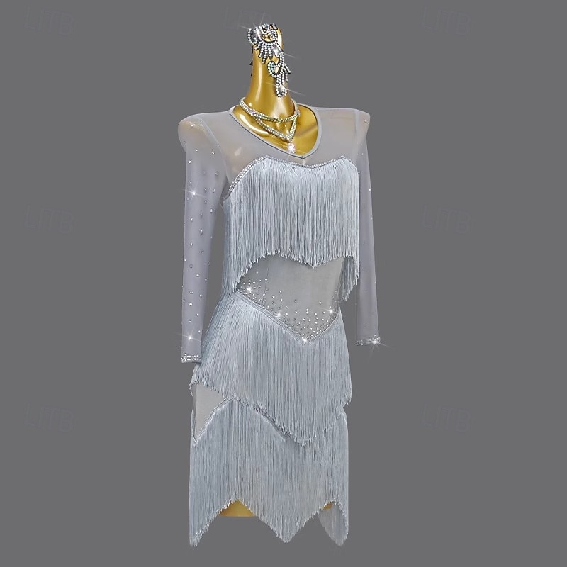 Latin Salsa Dance Dress Crystal / Rhinestone Tassel Splicing Women's Performance Party Long Sleeve Spandex3