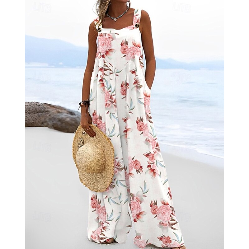 Women's Normal Jumpsuit Dungarees Streetwear Floral Sleeveless U Neck Pocket Print Daily Going out Regular Fit Pink Brown Beige Summer3