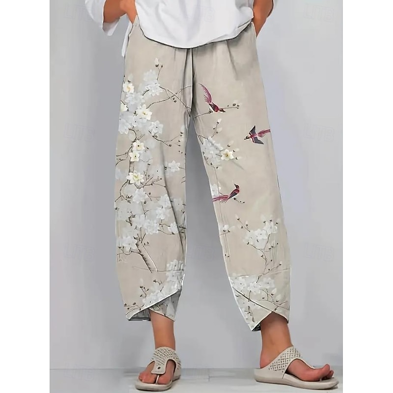 Women's Wide Leg Chinos Baggy Pants Vacation Basic Casual Ankle-Length High Waist Floral Graphic Bird Printing Thermal Warm Soft Breathable Micro-elastic Vacation Street Causal Black White Blue Green