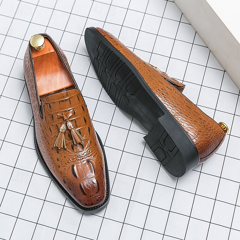 Men's Brown Crocodile Pattern Slip-On Loafers with Tassels – Premium Formal Shoes for Business Meetings, Evening Affairs and Cocktail Parties4