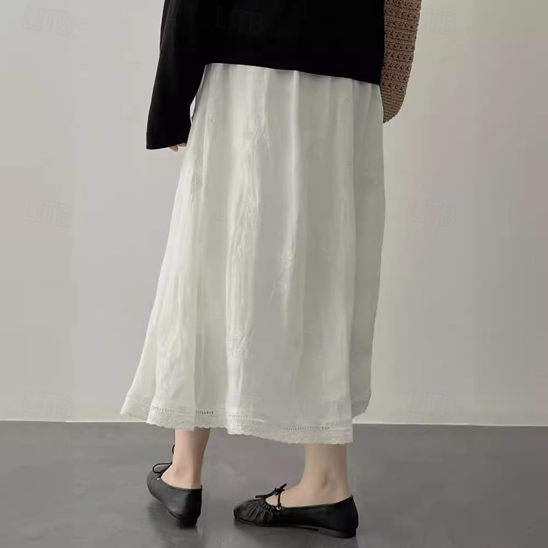 Women's Skirt Fashion Maxi Mid Rise Skirts Plain Embroidered Micro-elastic Vacation Street White Summer Cotton3