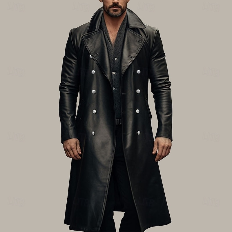 Men's Faux Leather Jacket Transition Jacket Going out Spring &  Fall Faux Leather Windbreaker Outerwear Clothing Apparel Solid Color Lapel Double Breasted