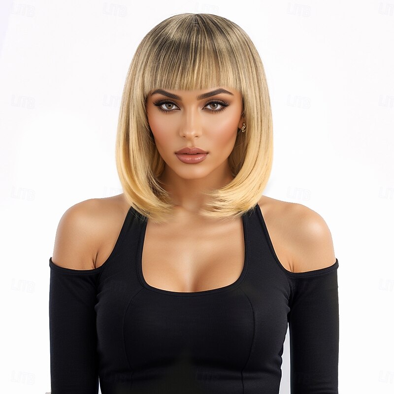 Synthetic Wig kinky Straight Natural Straight Asymmetrical Neat Bang Machine Made Wig 12 inch A1 Synthetic Hair Women's Classic Comfortable Color Gradient Blonde3
