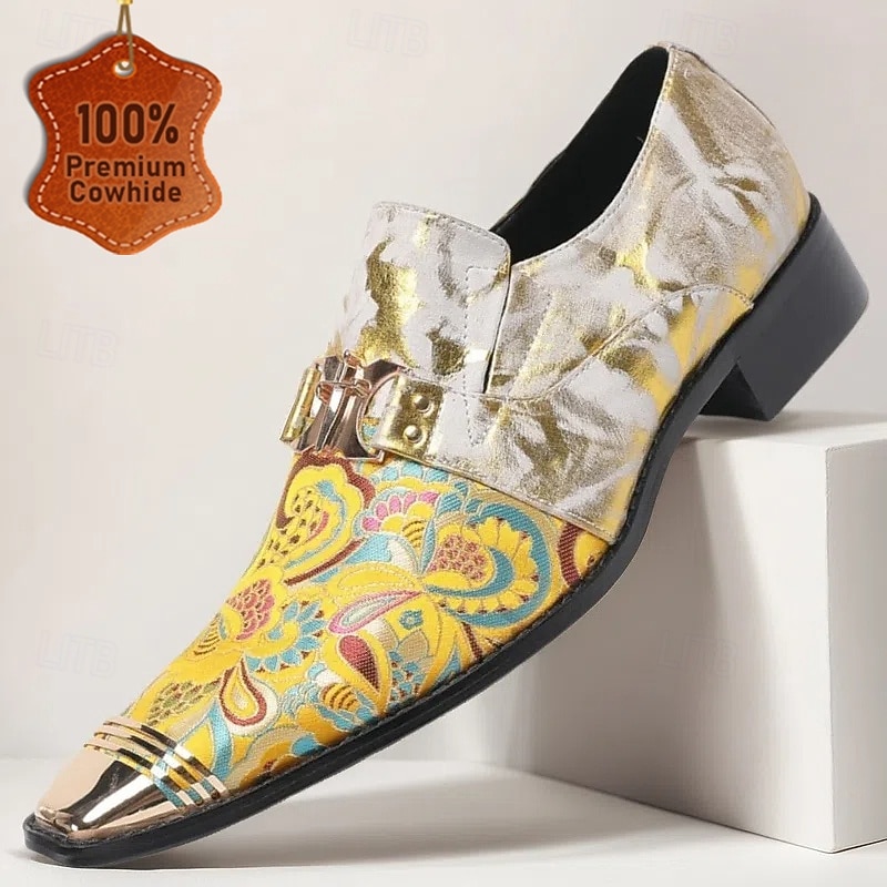 Men's Gold and White Leather Floral Design Dress Shoes–Elegant Formal Footwear for Weddings and Gala Events