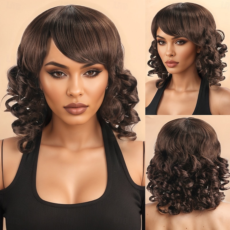 Synthetic Wig Curly Wavy Layered Haircut With Bangs Machine Made Wig 14 inch A1 Synthetic Hair Women's Elastic Classic Comfortable Brown