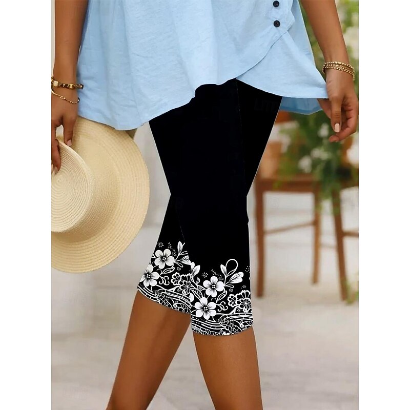 Women's Leggings Capri Pants High Elasticity Elegant Vacation Vintage Calf-Length Mid Waist Floral Graphic Printing Breathable Soft Stretchy Vacation Casual Daily Black Summer Spring Regular Fit2