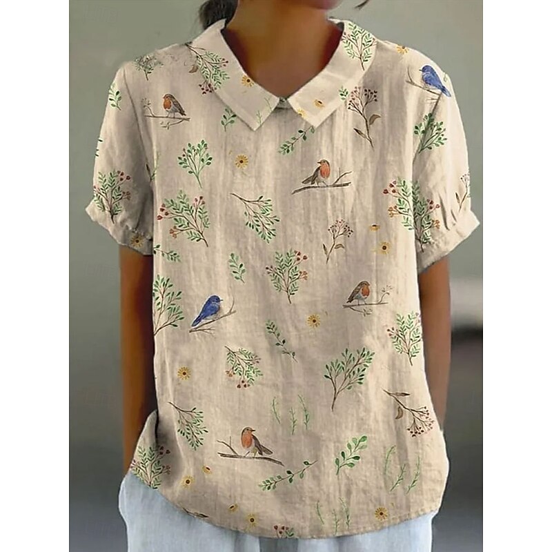 Women's Blouse Floral Graphic Vintage Stylish Casual Short Sleeve Shirt Collar Regular Tops Work Daily Print White Green Beige Summer Spring