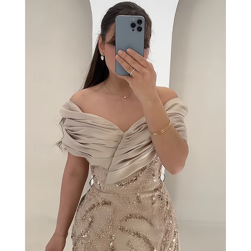 A-Line Evening Gown Elegant Dress Formal Wedding Floor Length Short Sleeve Off Shoulder Satin with Glitter Ruched Crystals2