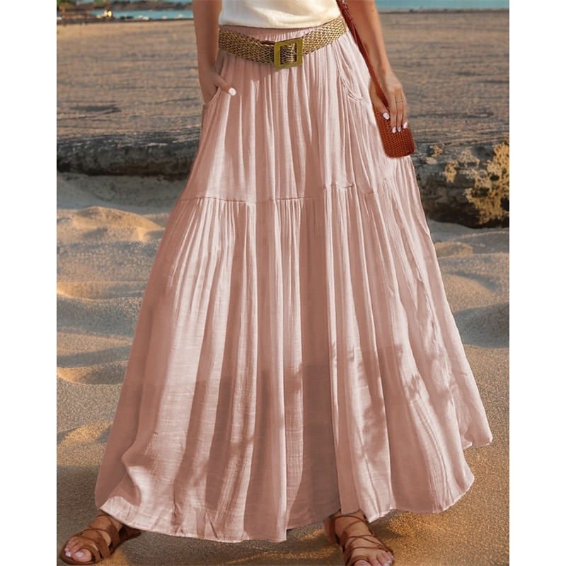 Women's Asian Size Swing Linen Skirts Casual Summer Midi High Waist Skirts Solid Colored Ruched Pleated Pocket Stretchy Vacation Daily Wine Watermelon Red Mustard green Orange color Spring, Fall3