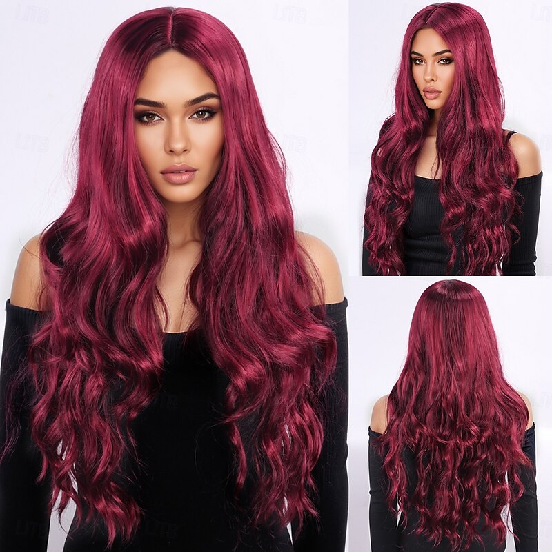 Synthetic Wig Wavy Bouncy Curl Layered Haircut With Bangs Machine Made Wig 28 inch A1 Synthetic Hair Women's Elastic Classic Comfortable Burgundy