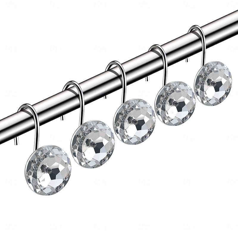 12 Pcs Acrylic Decorative Rolling Diamond Shower Curtain Hooks Rust Proof Rhinestones Crystal Bling Shower Curtain Hooks for Curtain and Shower Rod, Clear Round