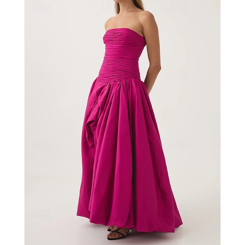 A-Line Evening Gown Bubble Dress Formal Semi Formal Wedding Floor Length Sleeveless Strapless Tafetta with Ruched Slit3