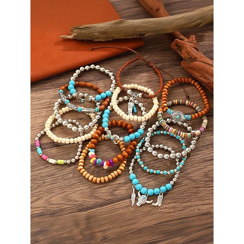 Women's Boho Western Charm Beaded Bracelet Set – Multilayer Stretch Stack with Turquoise, Wood Beads & Cowboy Boot, Feather, Bull Skull Charms – Festival, Casual & Gift Jewelry4