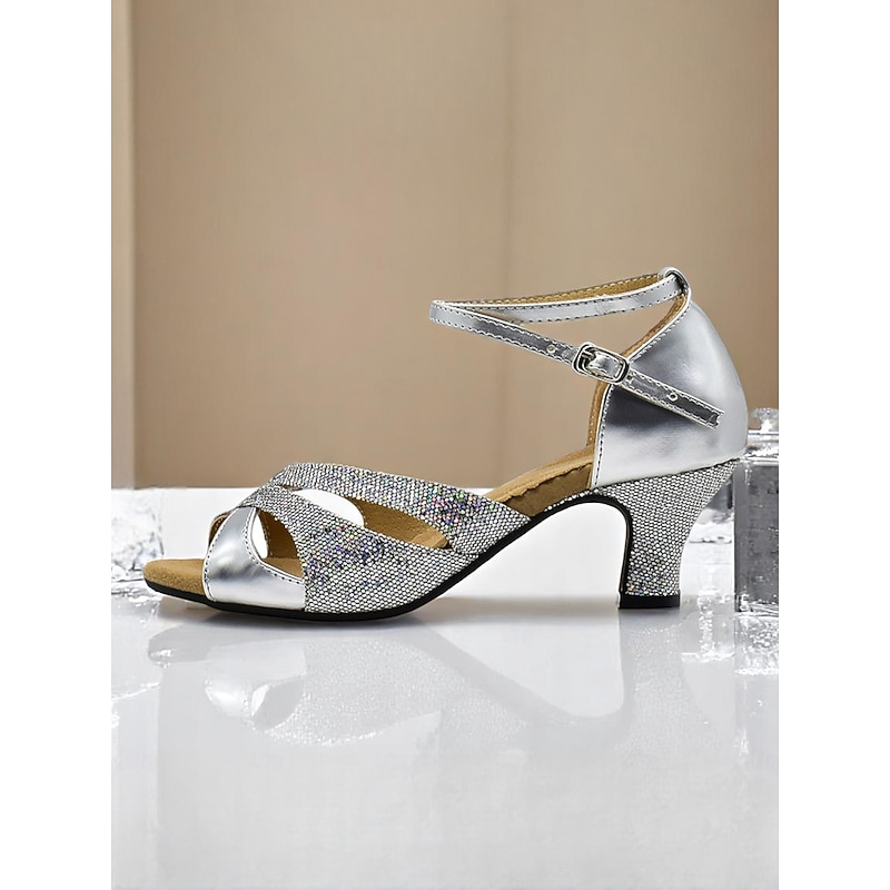 Women's Silver Sparkly Ballroom Dance Shoes with Low Heels, Latin Salsa Performance Sandals for Prom and Professional Dancers3
