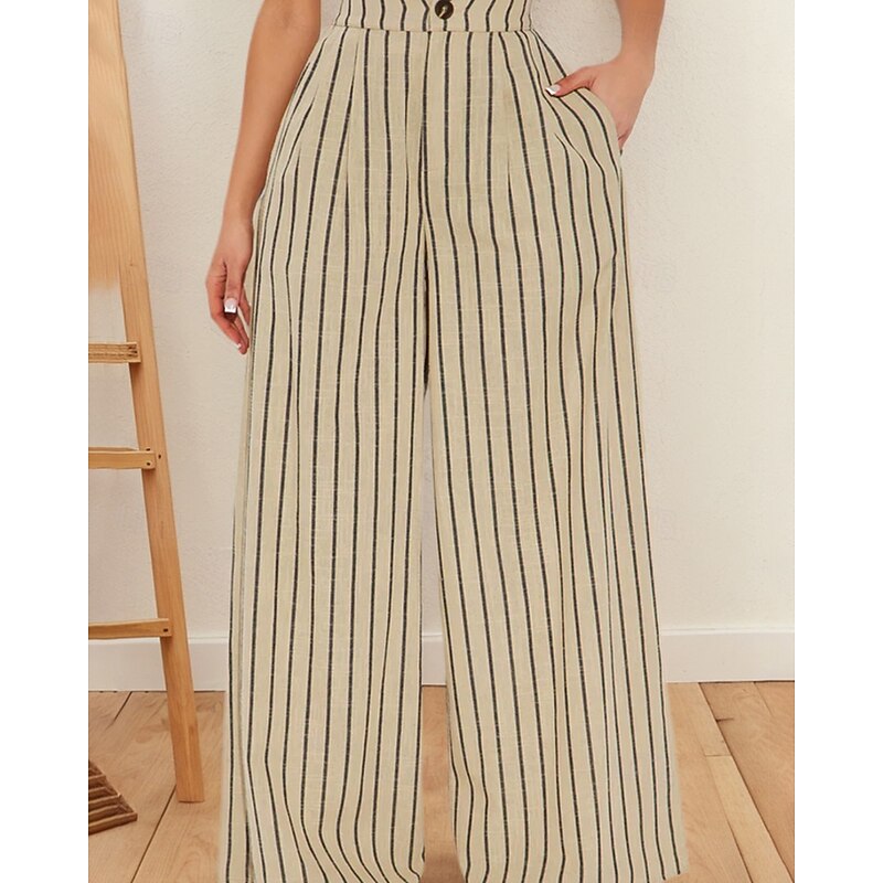 Women's Cotton Linen Pants Slacks Fashion Streetwear Full Length Natural Striped Pocket Elastic Waist Comfy Comfortable Outdoor Street Khaki Summer Regular Fit2