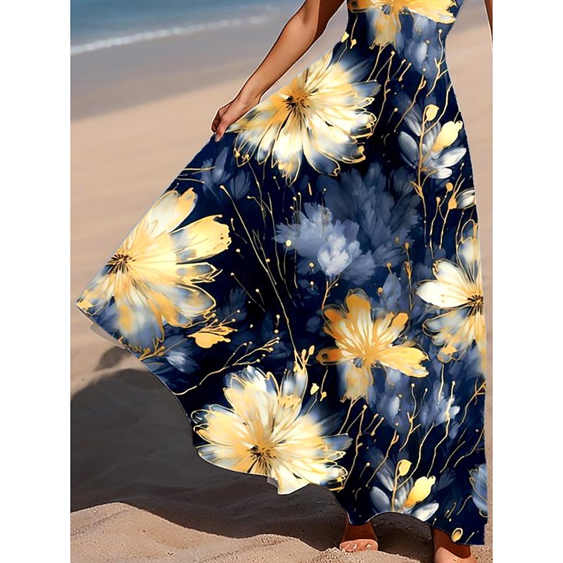 Women's Maxi Dress A Line Dress Off The Shoulder Dress Vacation Casual Beach Party Regular Fit Floral Graphic Sleeveless Square Neck Scoop Neck Ink Blue Summer Spring3