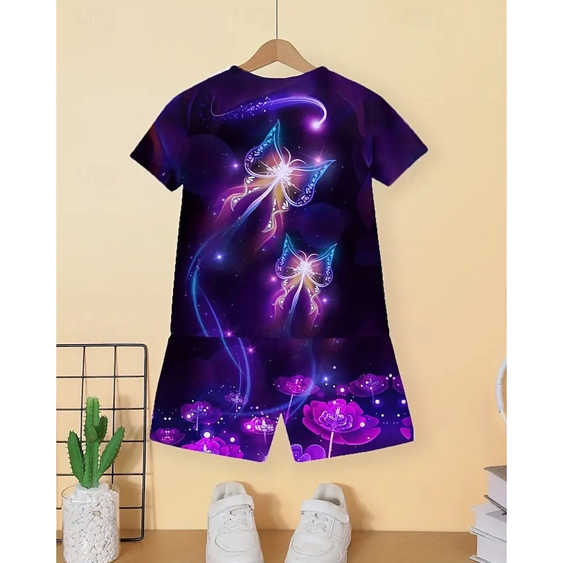 Girls' 3D Butterfly T-shirt & Shorts Set Short Sleeve Summer Spring Sports Fashion Daily Kids 4-12 Years Crew Neck Outdoor Vacation Sports Tailored Fit2