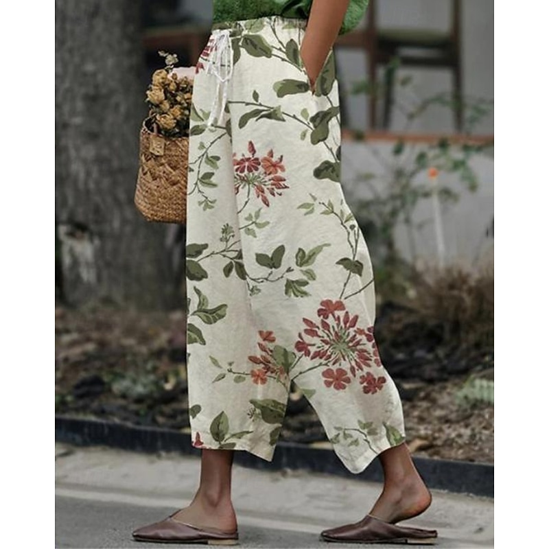 Women's Cotton Linen Pants Cropped Pants Streetwear Boho Ankle-Length Mid Waist Floral Elastic Waist Comfortable Daily Wear Going out White Summer Spring Regular Fit
