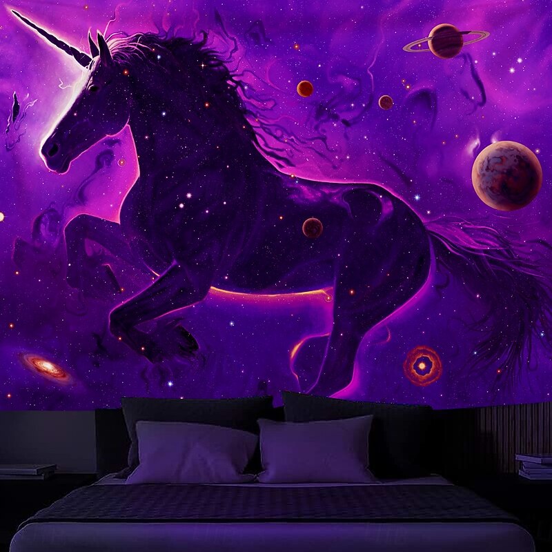 "Unicorn Nebula" Vincent Hie Blacklight Tapestry Glow in the Dark Glow Party UV Reactive Trippy Misty Hanging Tapestry Wall Art Mural for Living Room Bedroom2