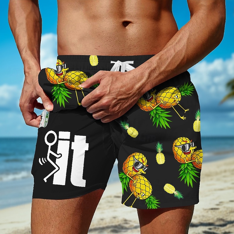 Men's Coconut Tree Letter Funny Lined Shorts 2 in 1 Board Shorts Swim Shorts Mid Waist Hawaiian Vacation Holiday Beach Wear Side Pockets With Compression Liner Elastic Drawstring Waist Designer2