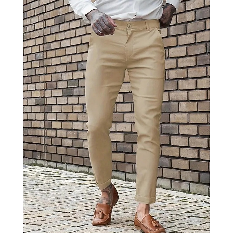 Men's Dress Pants Skinny Trousers Chinos Buttons Pocket Plain Comfort Formal Party Work Fashion Classic Style Blue Khaki Micro-elastic