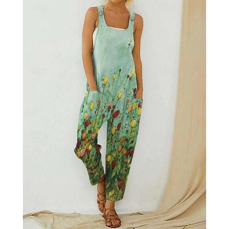 Women's Normal Jumpsuit Streetwear Floral Sleeveless U Neck Pocket Print Daily Going out Regular Fit Green Summer