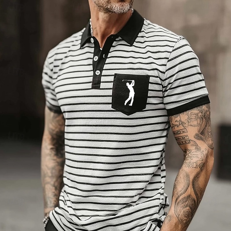 Men's Horizontal Stripes Polo Short Sleeve Turndown Casual Daily Athleisure Casual Daily Buttons Pocket Summer Robin's Egg Blue ash-colored