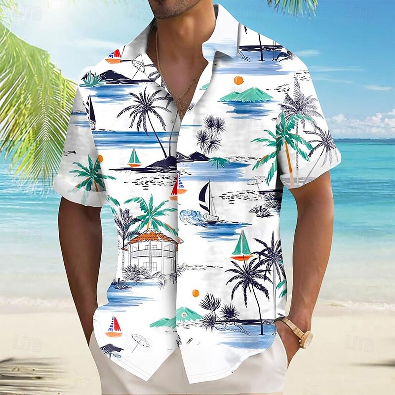 Men's Coconut Tree Tropical Flowers Shirt Summer Hawaiian Shirt Button Up Shirt Short Sleeve Hawaiian Vacation Holiday Beach Wear Summer Spring Turndown 3D Print Collared Shirts Yellow Blue