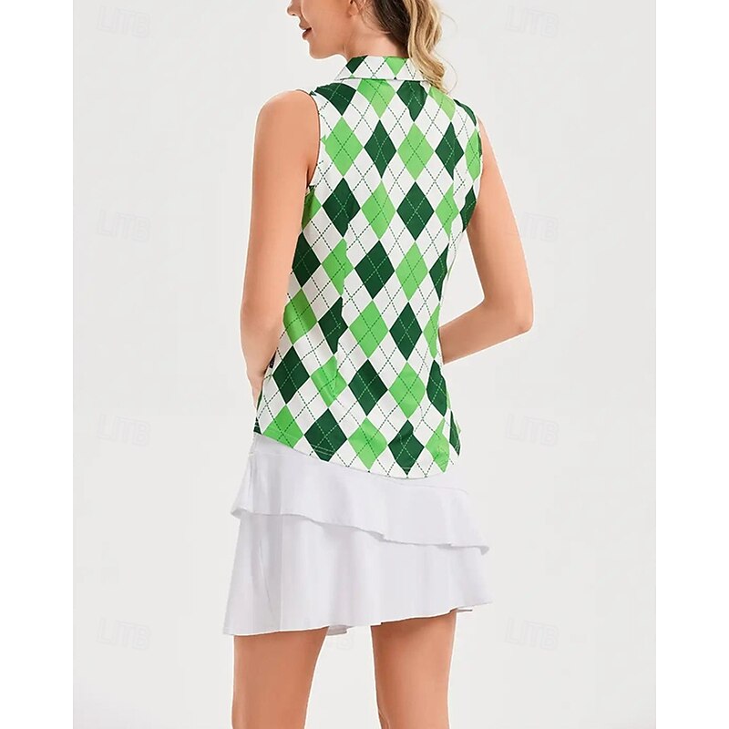 Women's Checkered Tennis Shirt Sleeveless Print UPF50+ Quick Dry Tennis Golf Badminton Zip Collar Tee Tshirt Top Green Tennis Clothing2